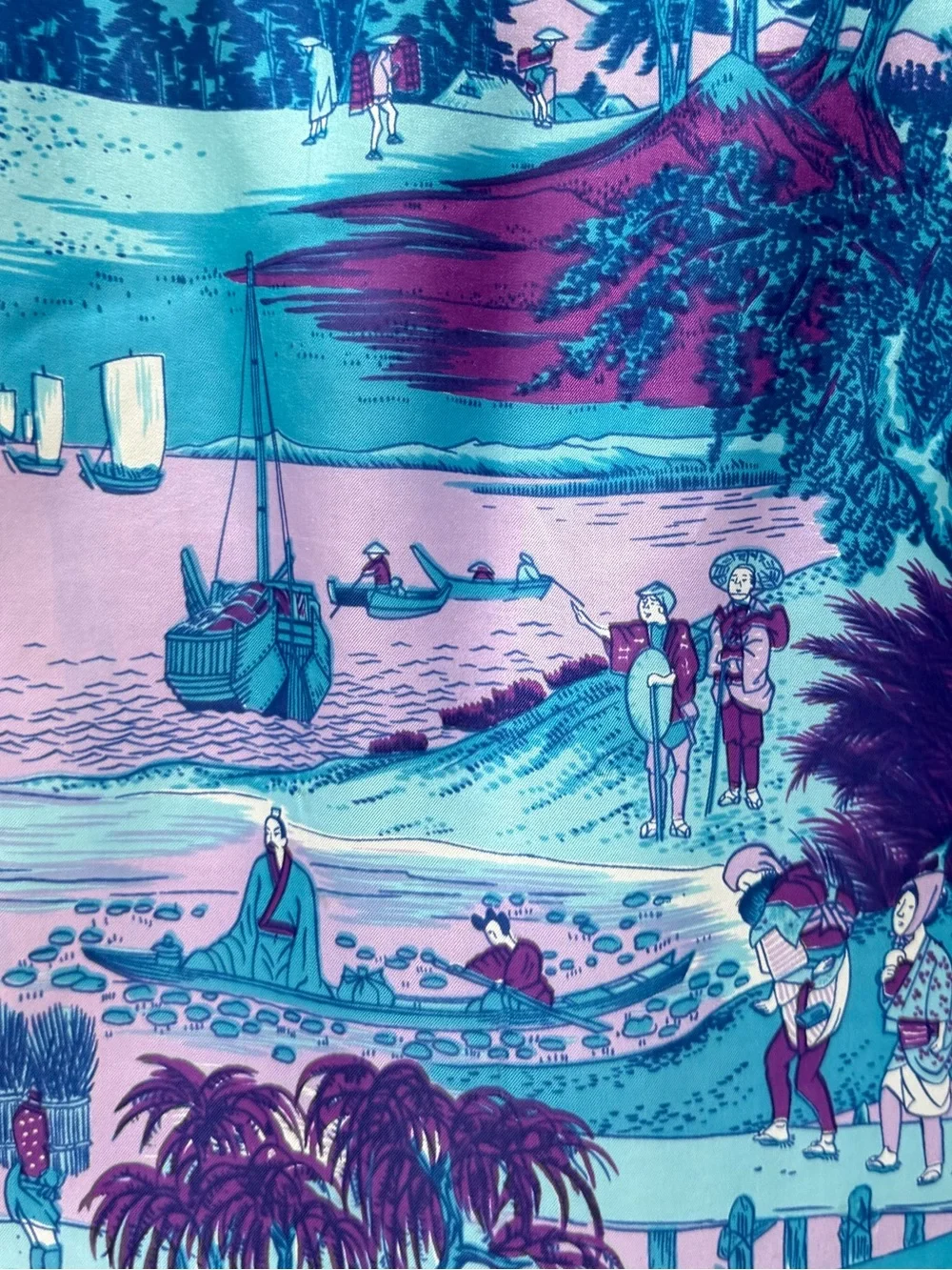 Vintage Asian Scenic Silk Blend Scarf Blue Purple Fishing Town Landscape Scene